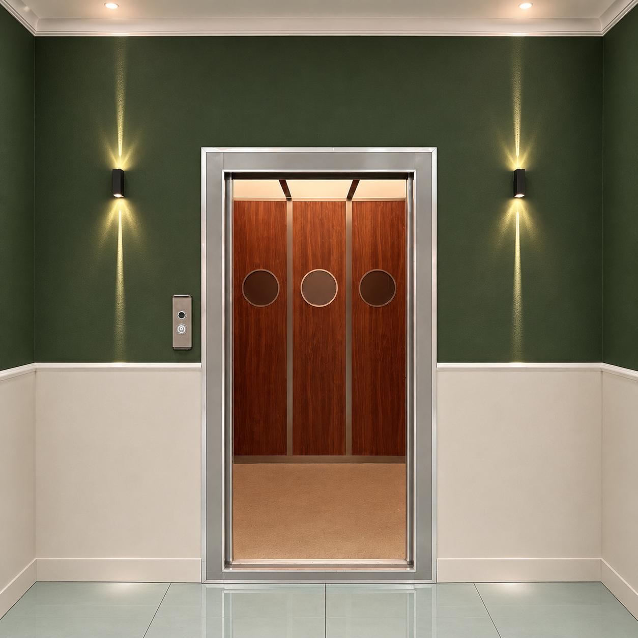 Ingresso ascensore con porte in legno a oblò, parete verde scuro, boiserie chiara e applique luminose.