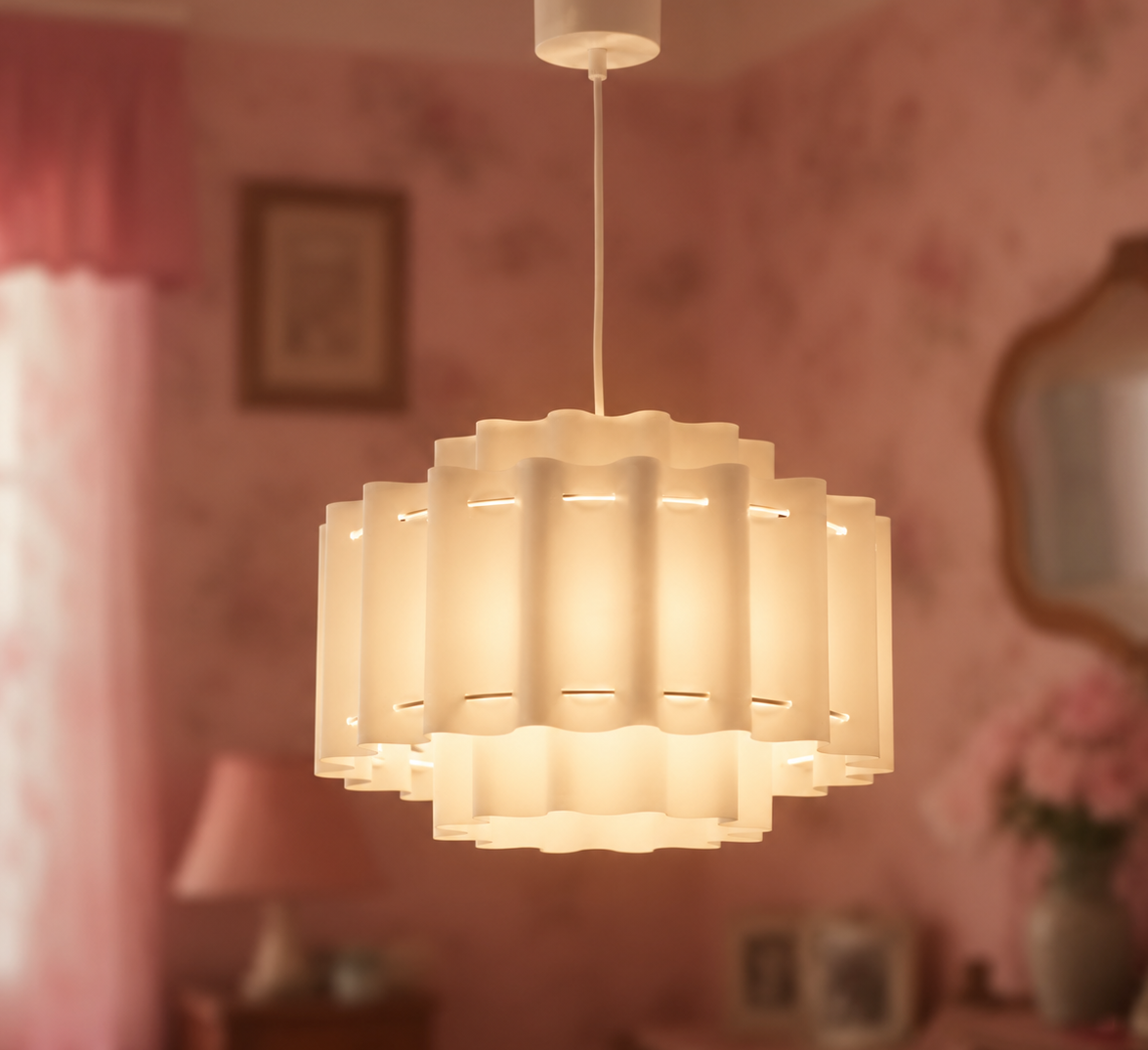 Lampada a sospensione bianca con diffusori ondulati a strati, illuminata, appesa al soffitto in una stanza con pareti rosa.