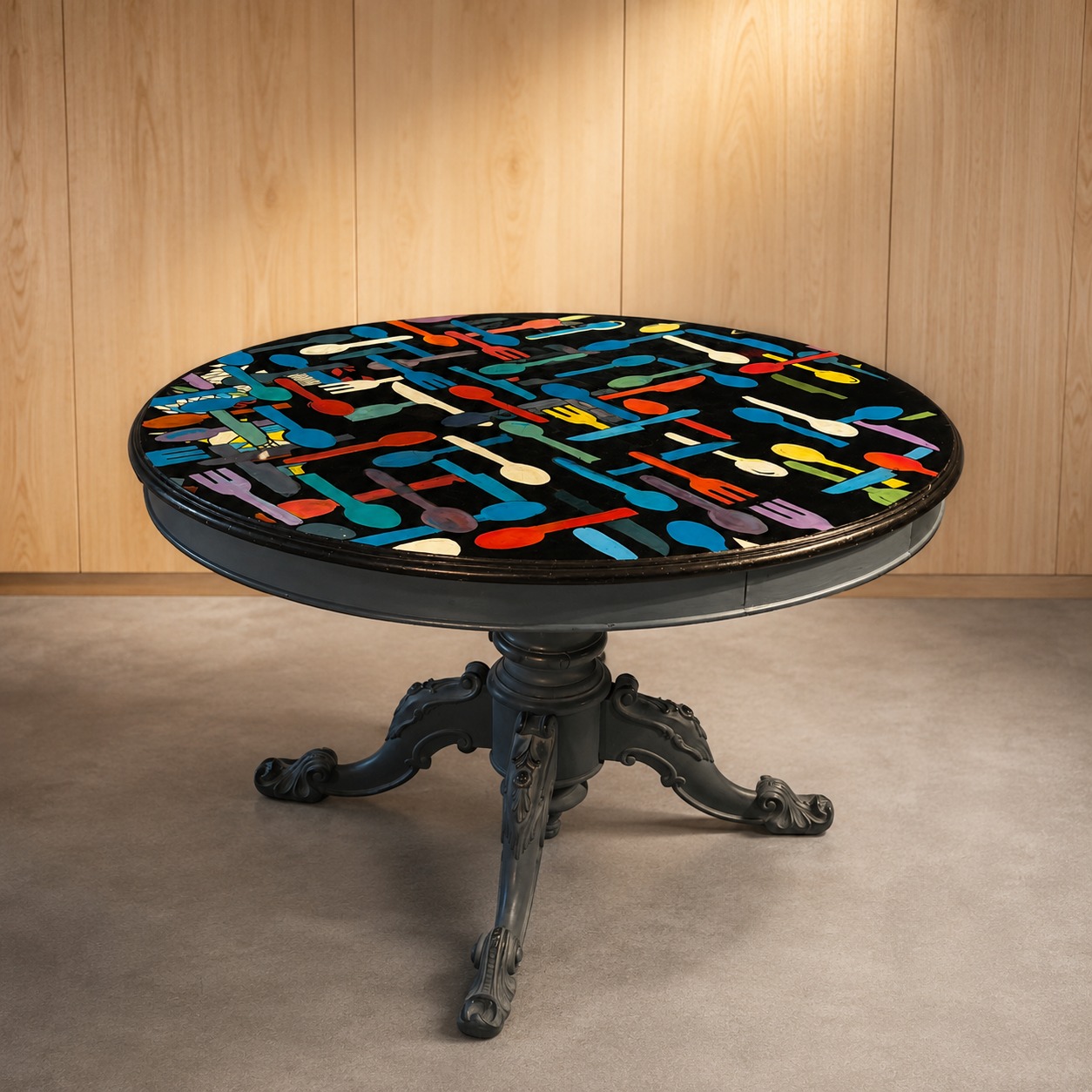 Tavolo rotondo con base in metallo scuro ornato e piano nero lucido decorato con posate stilizzate multicolori.