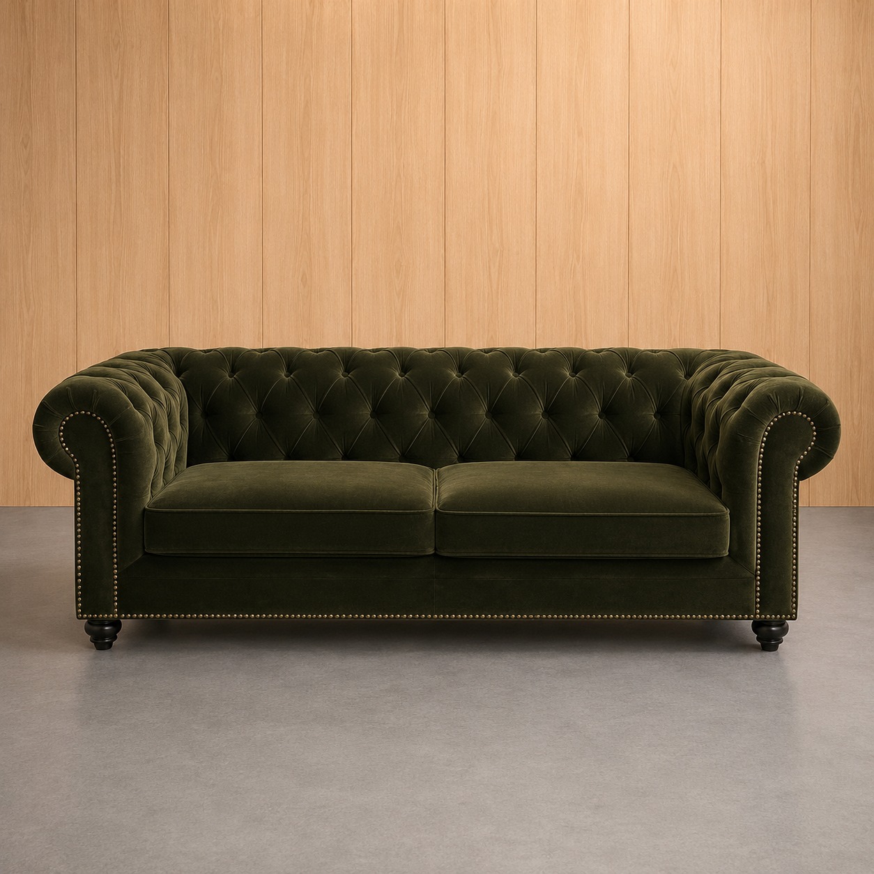 Divano Chesterfield a due posti in velluto verde scuro con bottoni capitonné e borchie decorative, su sfondo in legno chiaro.
