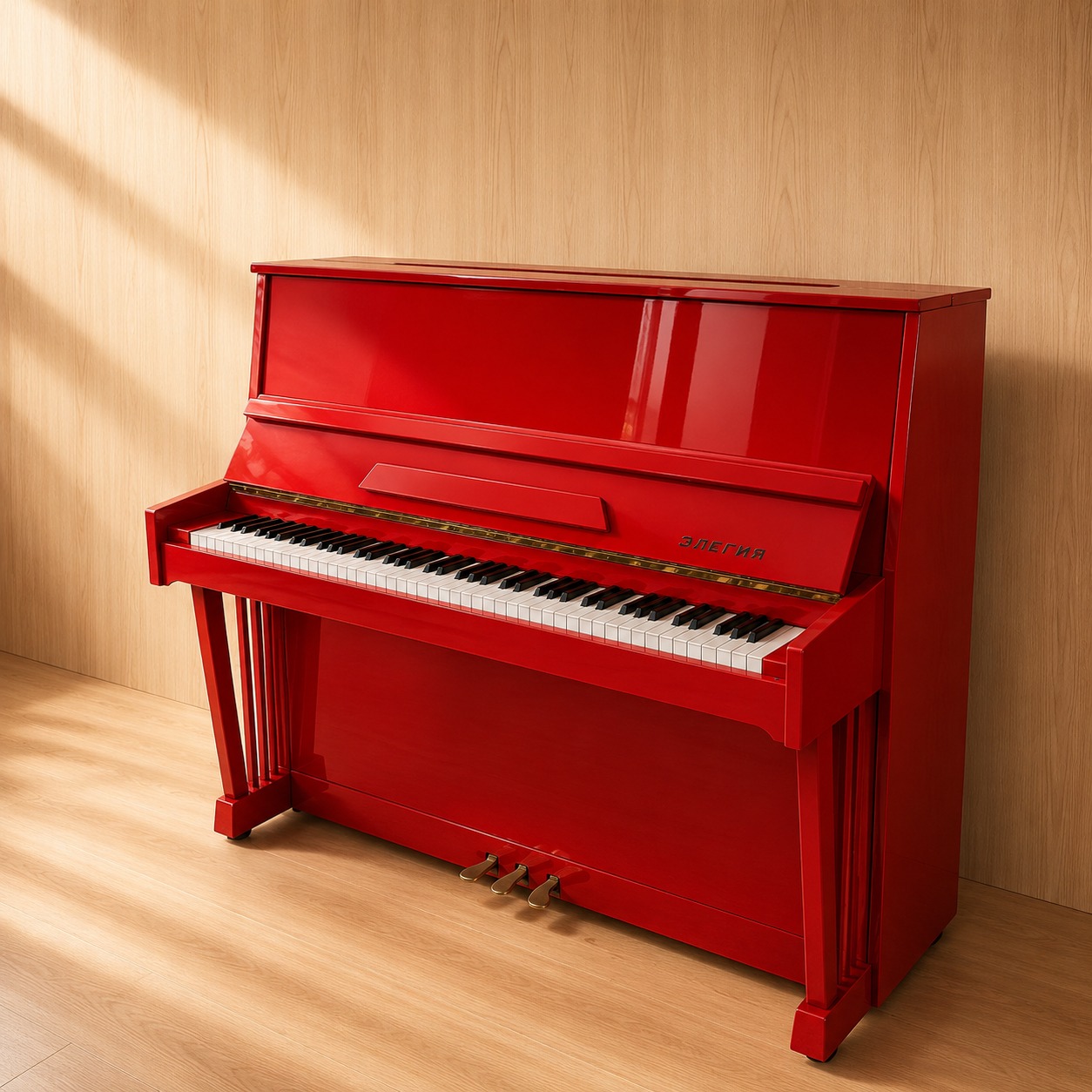 Pianoforte verticale ELEGIA rosso lucido con tastiera bianca e nera e pedali in ottone, appoggiato a una parete di legno chiaro.