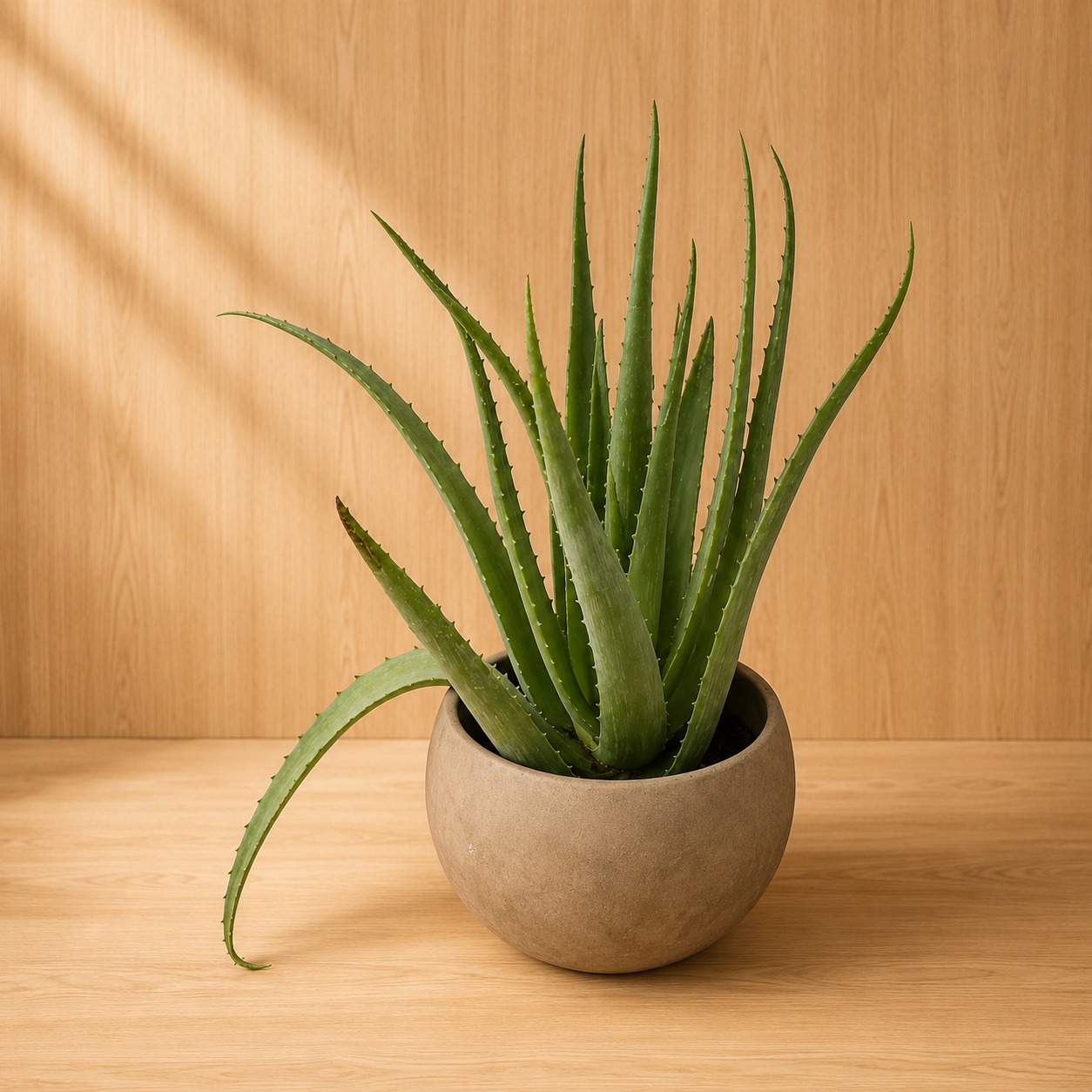 Pianta di Aloe Vera artificiale con foglie verdi e carnose in un vaso sferico color terra, su sfondo e superficie in legno chiaro.