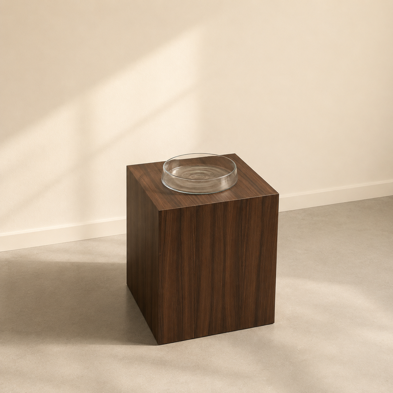 Piedistallo cubico in legno scuro con venature verticali, sormontato da un piatto in vetro trasparente, su pavimento chiaro con ombre.