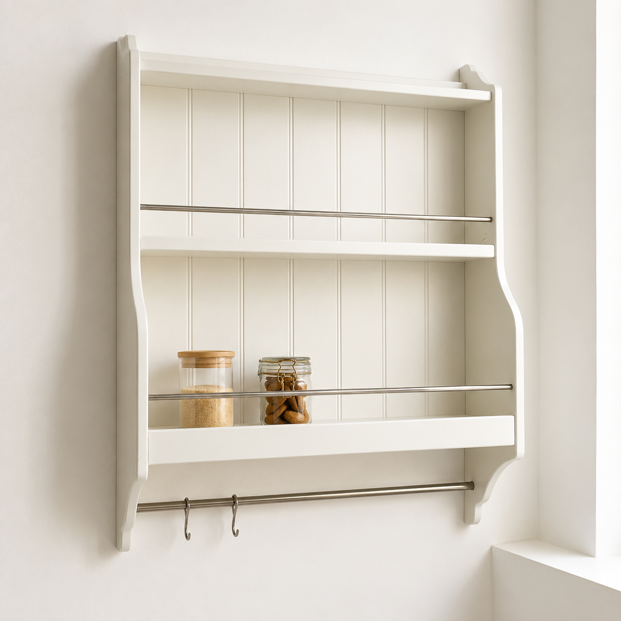 Scaffale a muro bianco in stile shaker con due ripiani, due barre in metallo e tre ganci, contenente due barattoli.