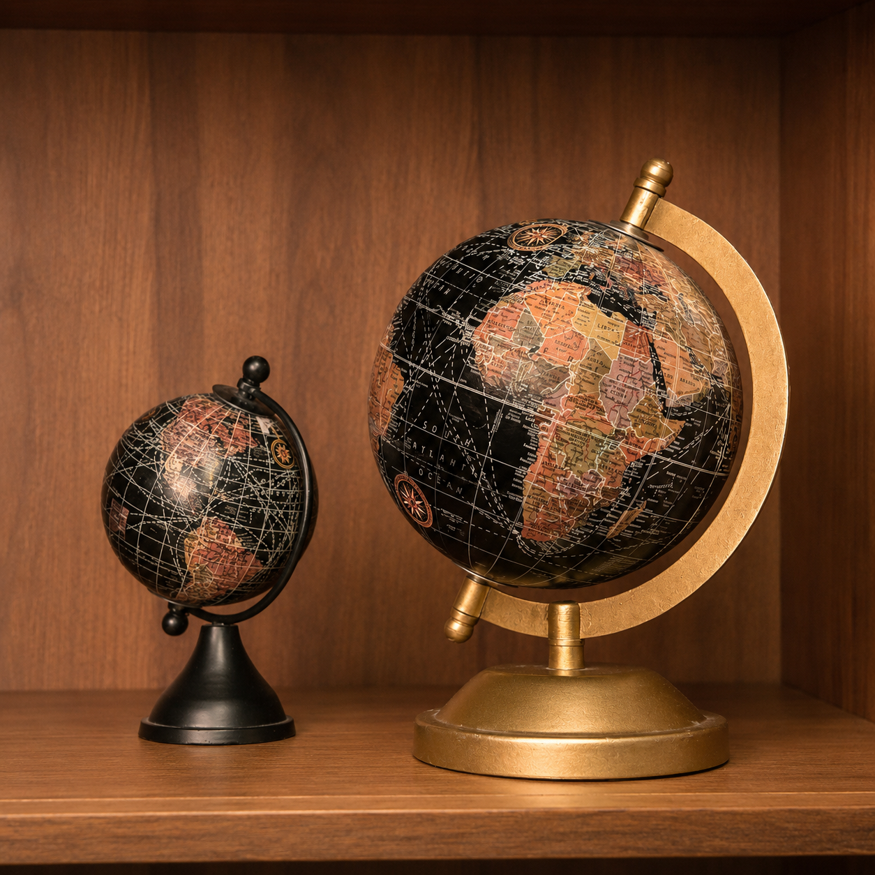 Due globi terrestri decorativi in stile antico, uno grande con base dorata e uno piccolo con base nera, su una mensola di legno.