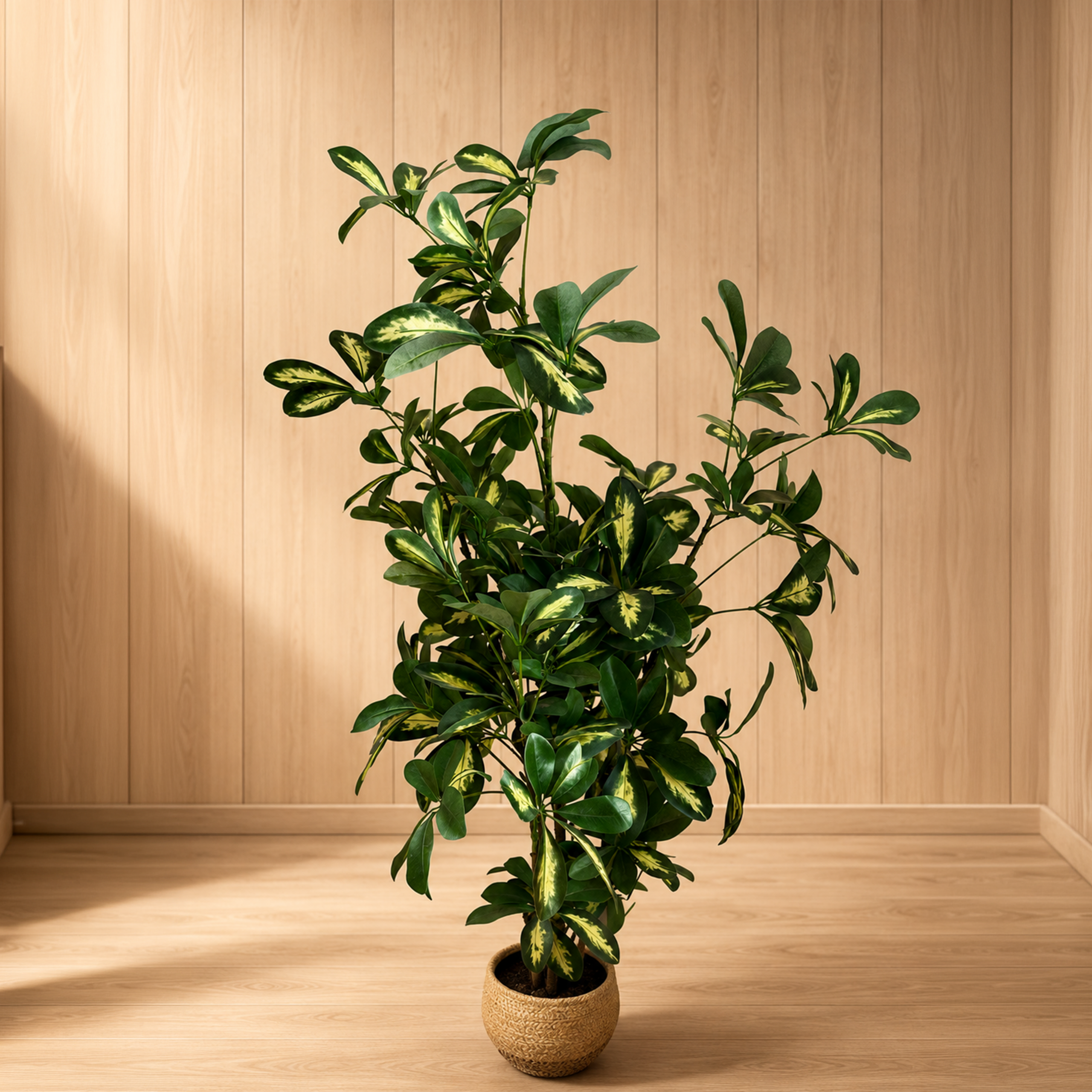 Pianta artificiale Schefflera variegata con foglie verdi e gialle, in un vaso rotondo di fibra intrecciata, su pavimento in legno.