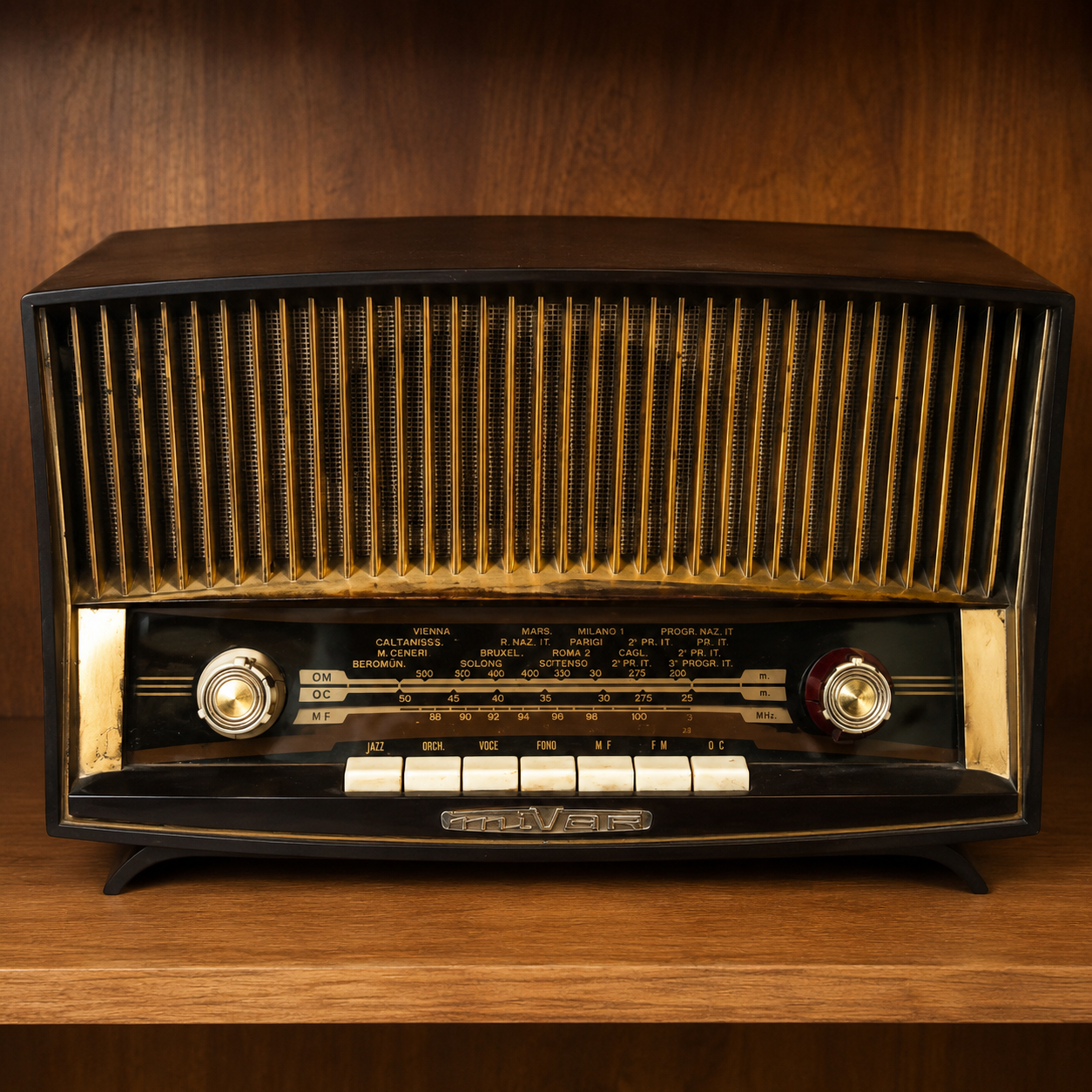 Radio d'epoca Mivar nera e dorata su ripiano in legno, con manopole e tasti bianchi, ideale come oggetto di scena vintage.