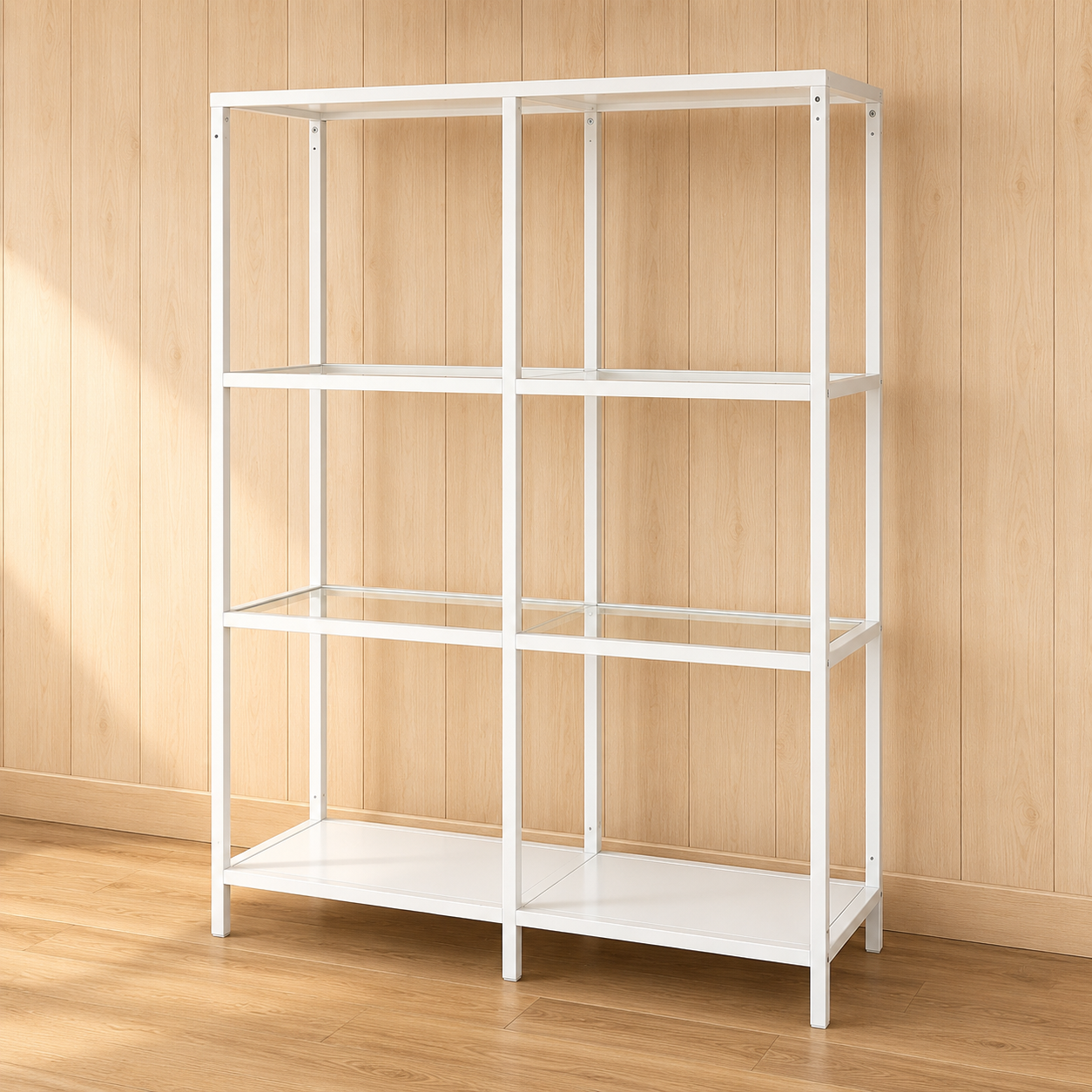 Scaffale moderno bianco con struttura in metallo e quattro ripiani, di cui due in vetro trasparente, su sfondo in legno chiaro.